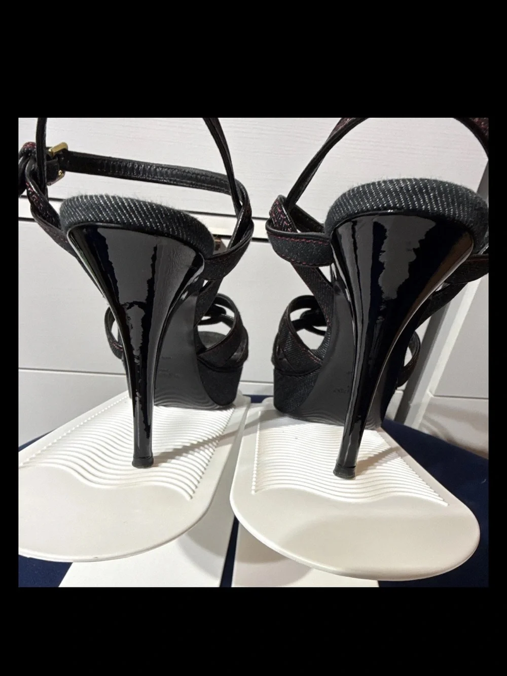Saint Laurent Tribute Black Denim Ankle-Strap Platform Sandals